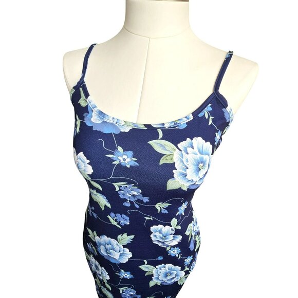 Navy Blue Floral Bodycon Midi Dress With Spaghetti Straps Size L 8/10 JJ3940 - Picture 5 of 9
